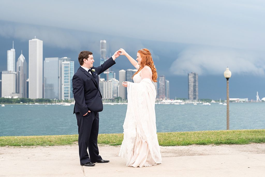 Wedding photos with storm behind them