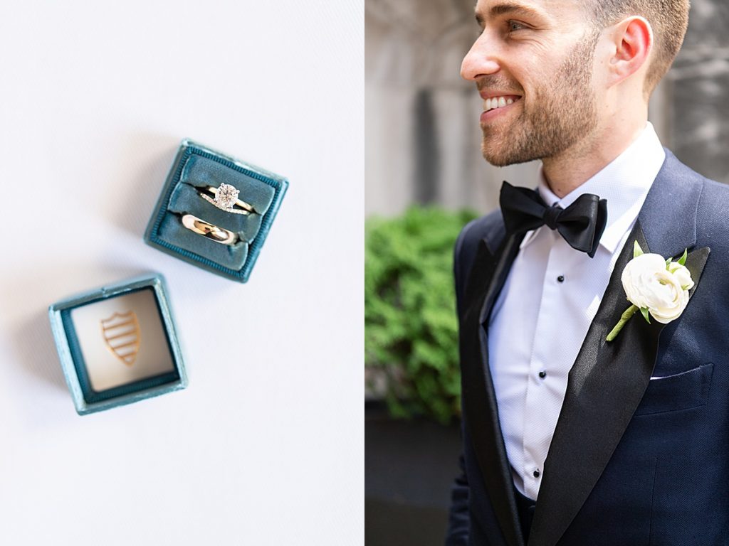 Groom in a navy tux with black lapels and a sweet white rose boutonniere side by side with the brides engagement and wedding band