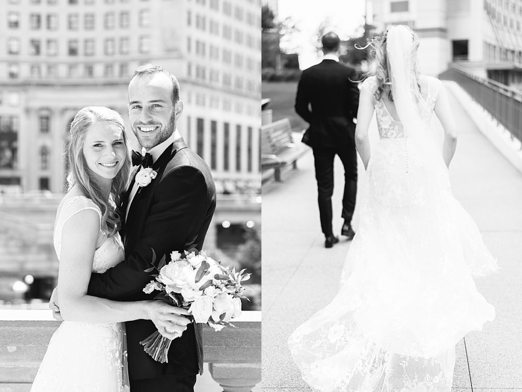 Bride carries dress through a walk in downtown Chicago