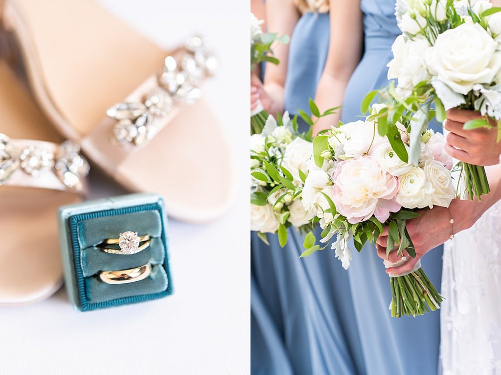 Wedding bands, flowers, and shoes