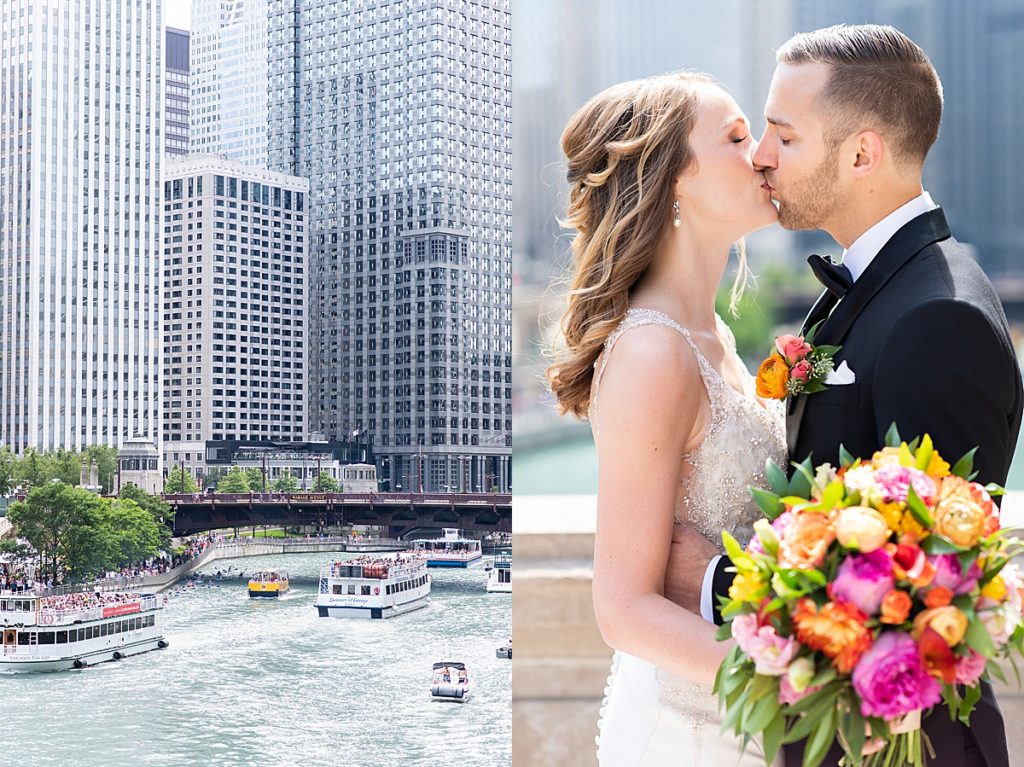 Couple kisses along the Chicago River