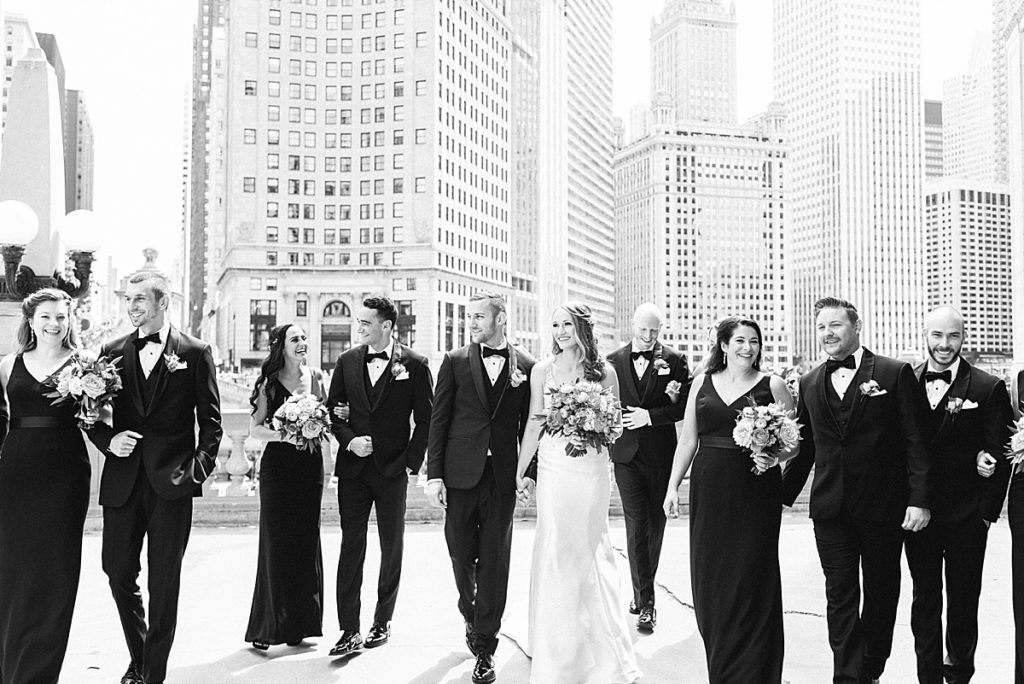 Black and white shot of the bridal party