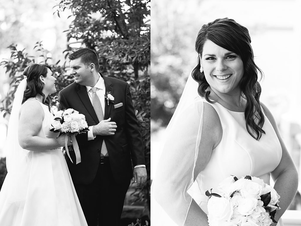 Black and white photos of bride and groom
