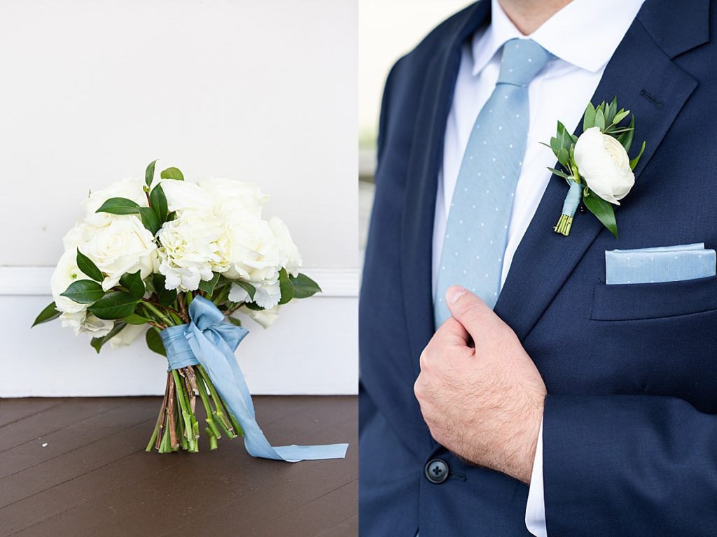 Grooms baby blue details pop against the navy suit
