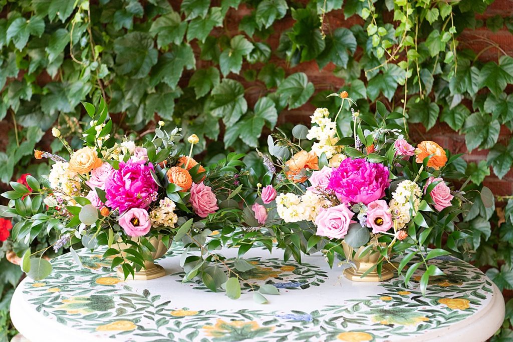 Beautiful pinks, oranges, and yellows in the flower arrangements