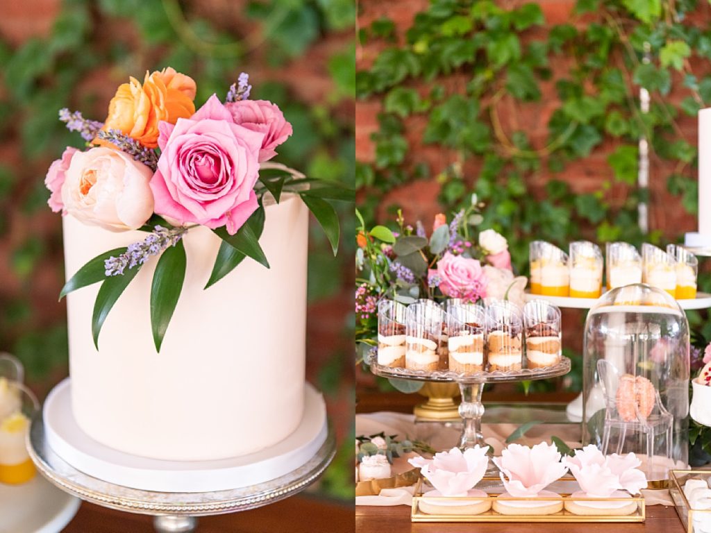 Sweets table scattered with pinks and florals