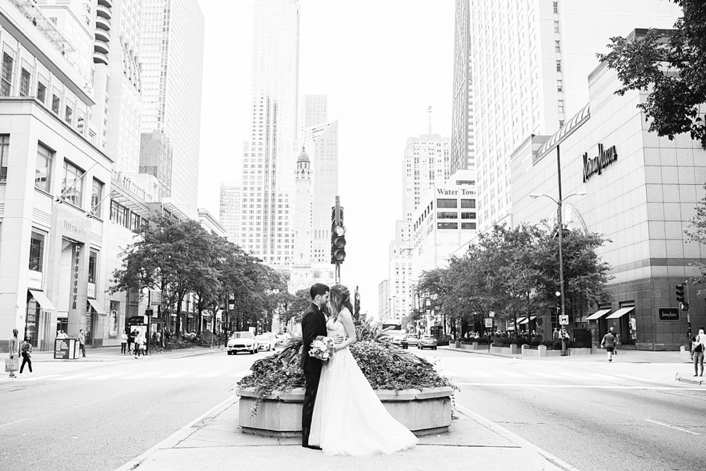 The couple poses on the Michigan Avenue Median