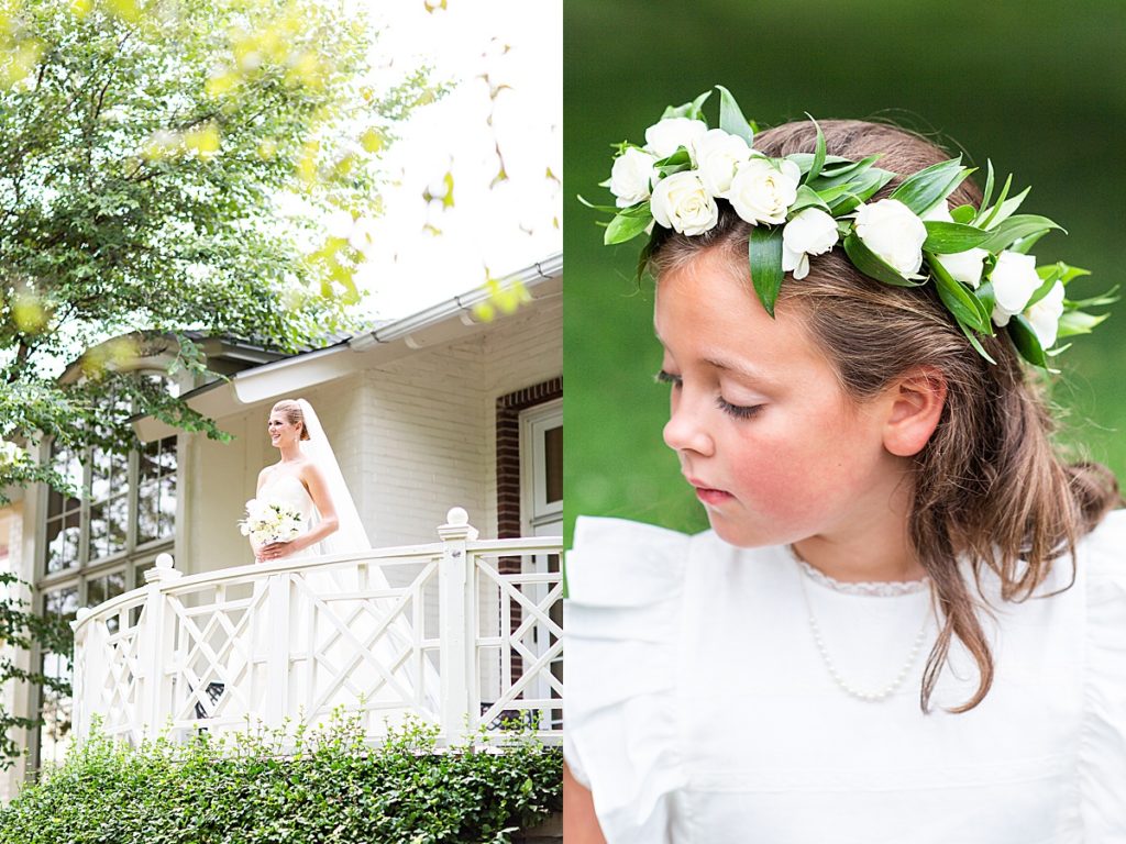 The bride carries classic white and green flowers