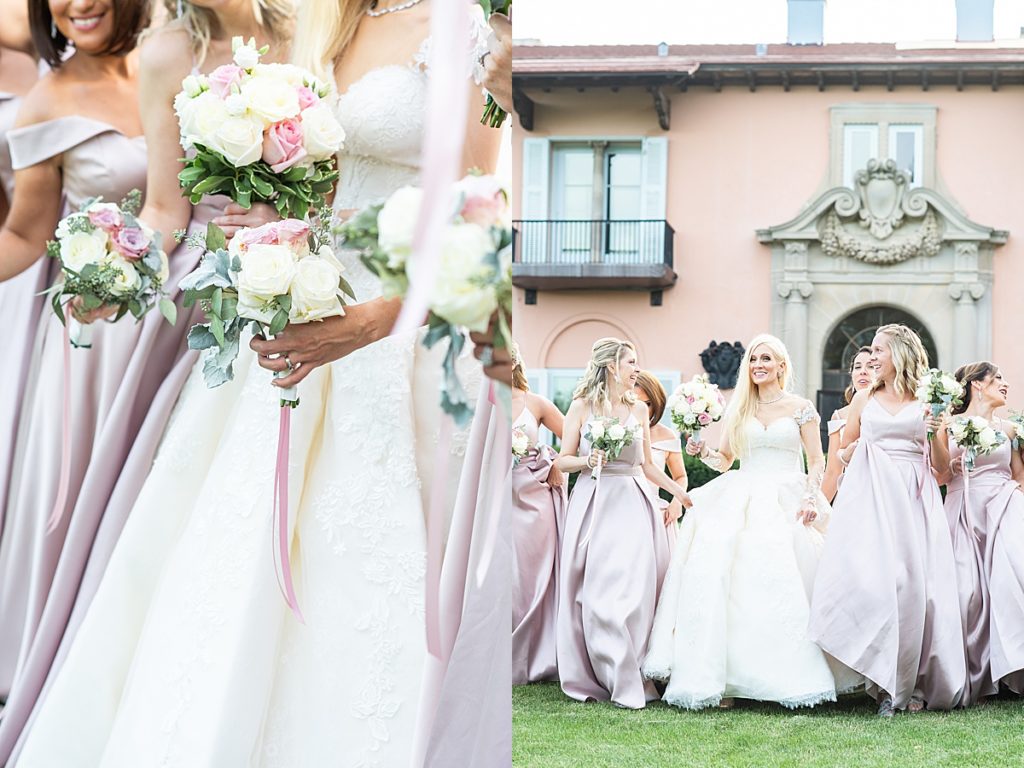 The bridesmaids wore long pink gowns