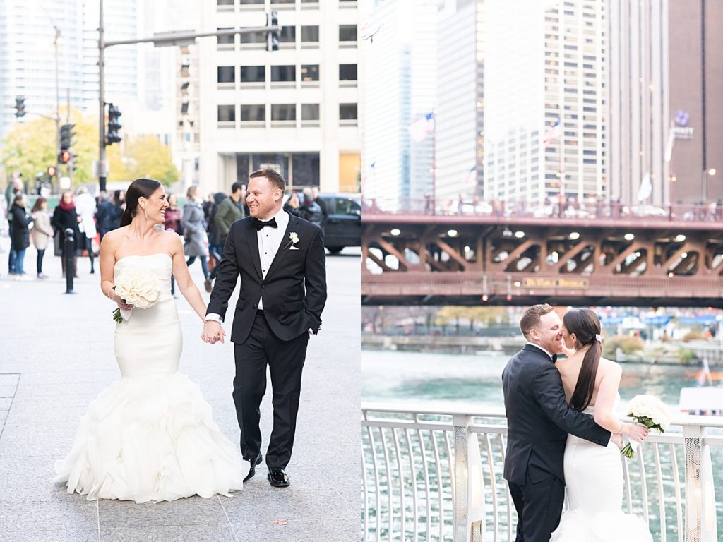 Couple walks around downtown Chicago