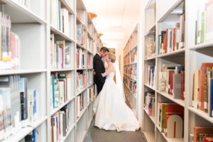 wedding photo with library books