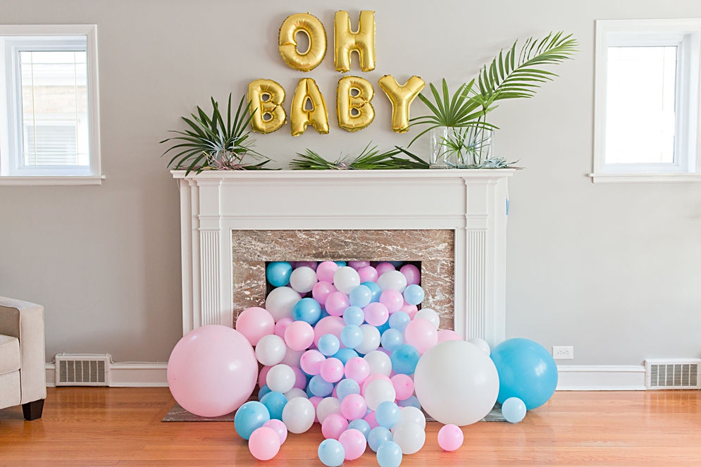 balloons in fireplace with oh baby balloons