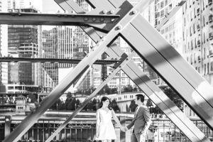 A shot of the architecture of Kinzie Street Bridge with Sara + Alex