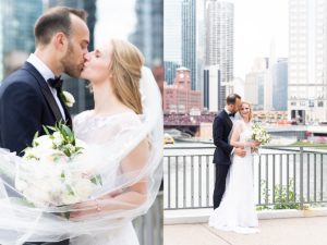 Bride and groom kiss in downtown views