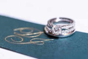 hunter green monogram invitation with wedding rings