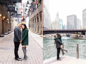 Engagement photos done along the empty Chicago Riverwalk