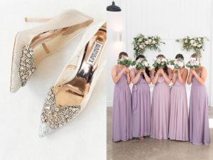 bridesmaids hold bouquets over their faces