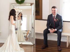 Bridal portraits of a bride looking into the mirror at herself. In the second photo, the groom is posing with his hands clasped and he is smiling at the camera while wearing a suit.