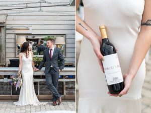 Photo of bride and groom posing looking at each other. In the other photo, the bride is holding a bottle of red wine at her waist.