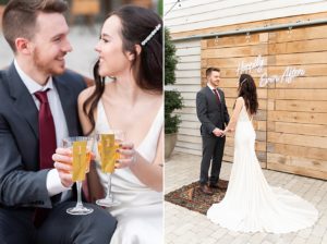 Photo of bride and groom drinking out of champagne flutes. Another photo of bride and groom facing each other and holding hands.