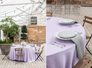 Lilac and gray wedding colors used for table setting at Long Hollow Gardens wedding venue in Nashville, Tennessee