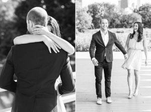 man and woman posing for engagement photos. In one, the man and woman are embracing with neither looking at the camera. In the other, the couple is holding hands and walking towards the camera.