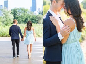 Man and woman posing for engagement photos in Lincoln Park in Chicago. In one image, the man and woman are holding hands and walking away from the camera with their backs to the camera. In the other, the couple is facing each other with their foreheads touching and they both are smiling.