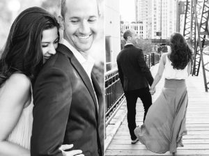photos of man and woman during a Chicago Riverwalk engagement photo session