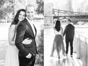 photos of a man and woman posing for engagement photos along the Chicago Riverwalk