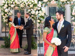 Photos from an intimate backyard wedding ceremony. The bride wore a traditional Indian sari and the groom wore a black tux. They stood under a beautiful floral arch for the ceremony.