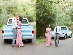 Man and woman posing for an anniversary session in front of blue Chevy truck. In one photo, the woman has her arms around the man's neck and they are facing each other. In the other, The couple is holding hands while walking forward and smiling at each other.