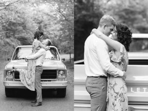 black and white photo of couple posing in front of Chevy truck during an anniversary session. In one, the man is picking the woman up and her feet are off the ground. In the other, the woman's arms are wrapped around the man's neck and they are facing each other.
