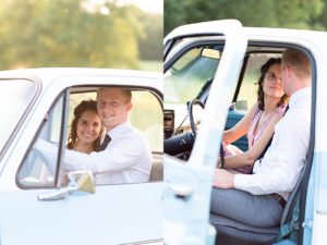 Couple in vintage Chevy truck for anniversary session at a farm