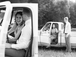 Man and woman sitting in Vintage Chevy truck. black and white photo during anniversary session.