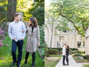 man and woman posing for engagement photos at Northwestern University. In one photo, the man and woman are looking at each other and smiling. The man his his hands in his front pockets and the woman has one arm around the man's elbow. In the other, they are both facing each other and standing at a distance from the camera.