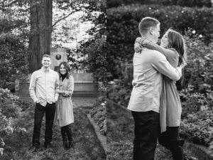 Two black and white photos from Northwestern University engagement. In one, the man and woman are standing and looking at the camera. The woman has her hands around the mans arm. In the other, the man and woman are facing each other. The man's arms are around the woman's waist and the woman's arms are around the man's neck.