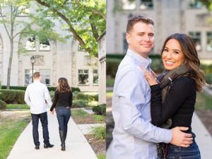Man and woman posing for Northwestern University engagement photos. In one photo, the man and woman are not facing the camera and have a large building in the background. In the other photo, the man has his arms around the woman's waist and they are both looking at the camera