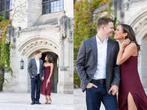 Northwestern University engagement photos taken of a man and woman looking at each other.