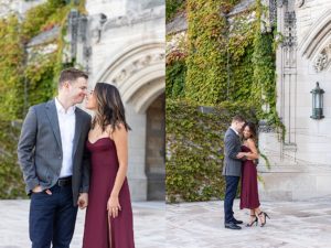 In one photo, man and woman looking at each other with their faces close together. In the other, the man is facing the woman and the woman is looking at the camera. Photos are from a Northwestern University engagement photo session.