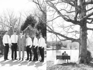 groom and groomsmen posing while looking at the camera. in the second photo, the bride and groom are sitting on a swing and facing away from the camera