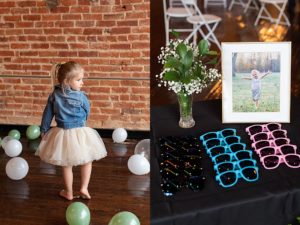 Little girl playing with balloons at a gender reveal party. Second photo features party favors for gender reveal party.