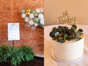 Baby gender reveal party inspiration photos. One photo is of a green, white, and gold balloon arch. The other photo is of a small white cake with eucalyptus on top.