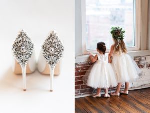 Bridal shoes and flower girls posing at downtown Memphis wedding.