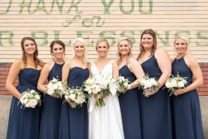 Photo of bride and her bridesmaids on the wedding day in downtown Memphis