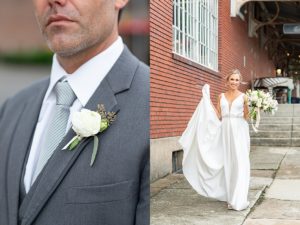 Close up of groom's suit and tie and a photo of a bride in a wedding gown holding her bouquet