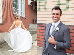Photo of bride twirling in her wedding dress and photo of groom smiling at the camera while in his wedding suit