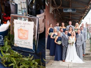Photo of a bar sign at a wedding and of a full bridal party with bridesmaids and groomsmen along with the bride and groom.