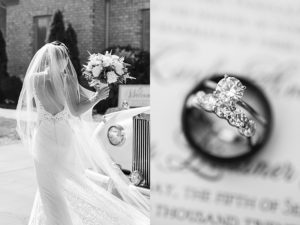 Black and white photos of a bride on her wedding day.