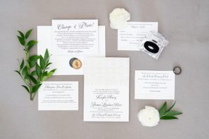 flatlay photo of a custom wedding invitation suite