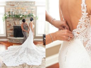 Photo of mother of the bride and the bride as the bride puts on her wedding dress